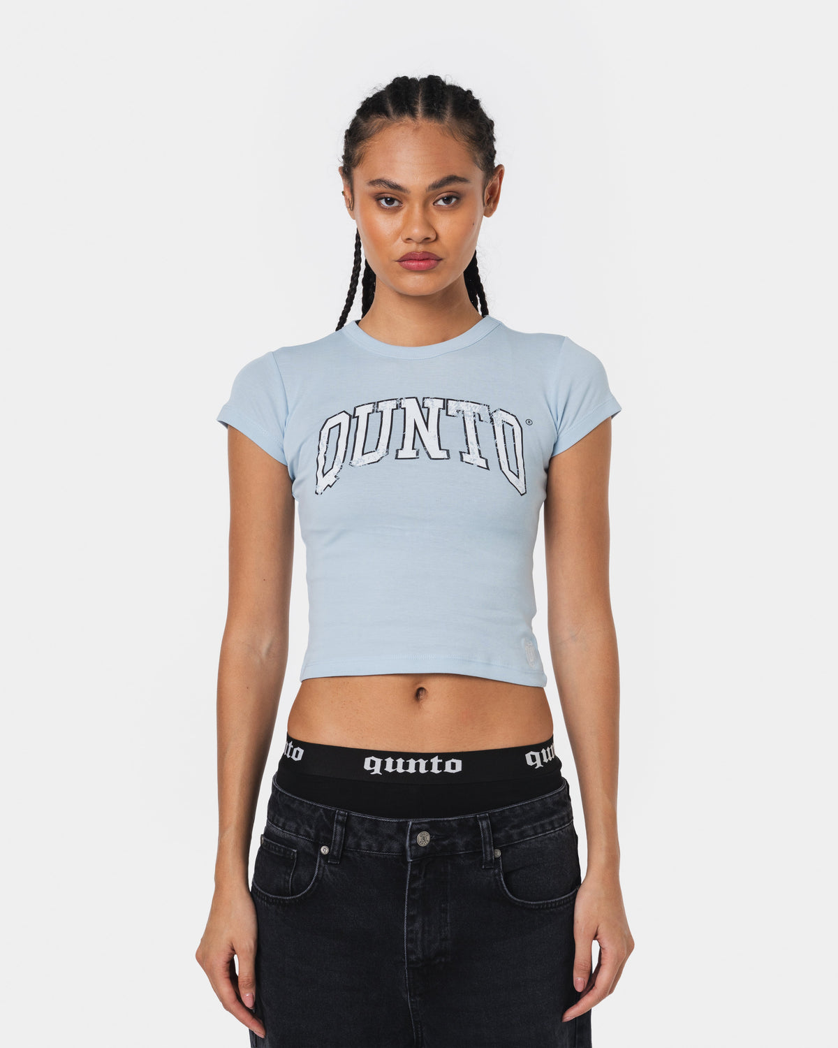 WHITE ON BLUE BABY TEE